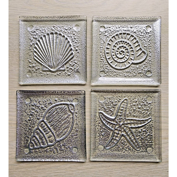 COASTERS-Glass-Clear-Silver-Sea Shells-Star Fish-Nautical-Square-Ocean-Beach - Picture 1 of 13